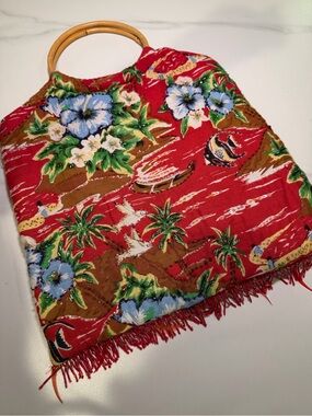 Handmade Y2K 90s Hawaiian Tropical Fringe Beaded Purse Bamboo Handles